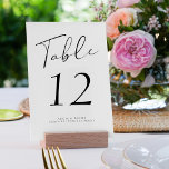 Modern script elegante zwart-wit bruiloft kaart<br><div class="desc">Eenvoudige elegante minimalistische klassieke formele zwarte kalligrafie script bruiloft receptie gepersonaliseerde witte tafel kaart sjabloon. LET OP: om verschillende nummers te bestellen, moet je ze aanpassen en één voor één in het winkelwagentje plaatsen (één kaart met nr. 1, een andere met nr. 2, enz.). Je kunt de kleur van tekst...</div>