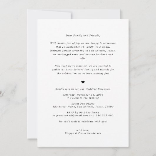 Modern Script Elopement Wedding Receptie Kaart (Achterkant)