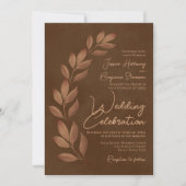 Modern script en falletbladeren Chestnut Brown Wed Kaart (Voorkant)
