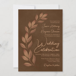 Modern script en falletbladeren Chestnut Brown Wed Kaart