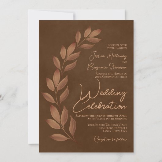 Modern script en falletbladeren Chestnut Brown Wed Kaart (Voorkant)