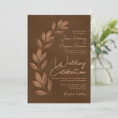 Modern script en falletbladeren Chestnut Brown Wed Kaart (Staand voorkant)