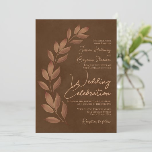 Modern script en falletbladeren Chestnut Brown Wed Kaart (Staand voorkant)