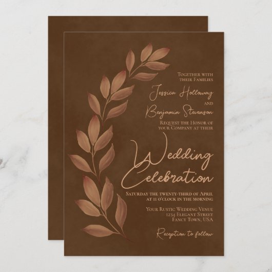 Modern script en falletbladeren Chestnut Brown Wed Kaart (Voorkant / Achterkant)
