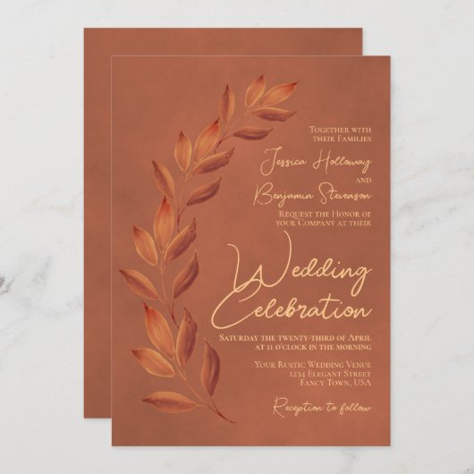 Modern script en herfst leest Terracotta Wedding Kaart (Voorkant / Achterkant)