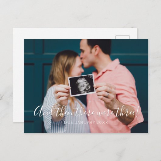 Modern script en toen waren er drie zwangerschappe aankondigingskaart (Voorkant / Achterkant)