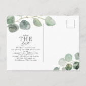 Modern script eucalyptus botanische foto bruiloft aankondigingskaart (Achterkant)