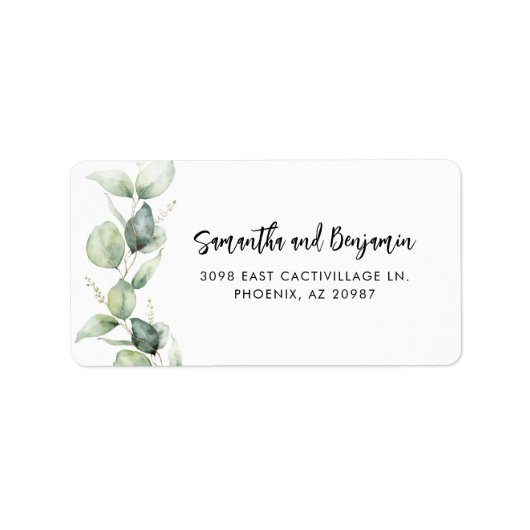 Modern Script Eucalyptus bruiloftsadres Etiket (Voorkant)