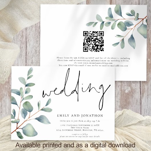 Modern Script Eucalyptus QR Code Bruiloft Kaart