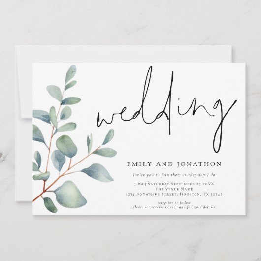 Modern Script Eucalyptus QR Code Bruiloft Kaart (Voorkant)