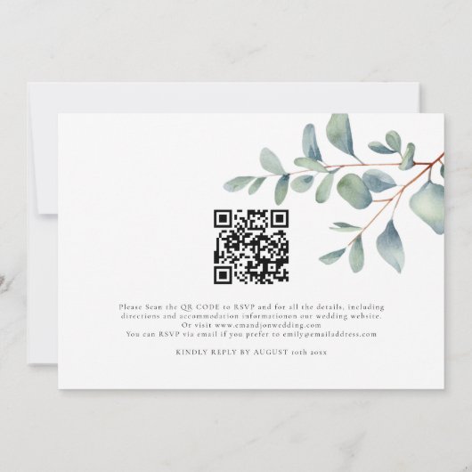 Modern Script Eucalyptus QR Code Bruiloft Kaart (Achterkant)