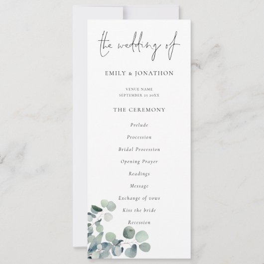 Modern Script Eucalyptus Trouwprogramma Kaart (Voorkant)
