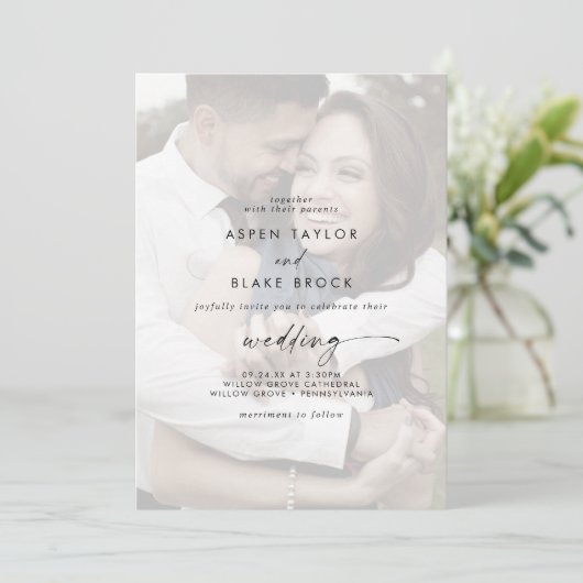 Modern script | Faded foto's voor en achter bruilo Kaart (Staand voorkant)