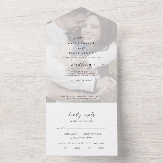 Modern Script Faded Photo Weddenschap All In One Uitnodiging (Binnen)