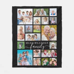 Modern Script FAMILIE 19 Photo Collage Zwart Fleece Deken