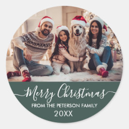 Modern Script Familiefoto Groen Vrolijk Kerstfeest Ronde Sticker