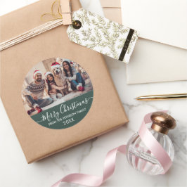 Modern Script Familiefoto Groen Vrolijk Kerstfeest Ronde Sticker