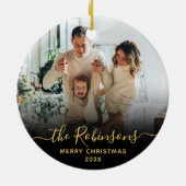 Modern Script Familienaam Foto Vrolijk Kerstfeest Keramisch Ornament (Achterkant)