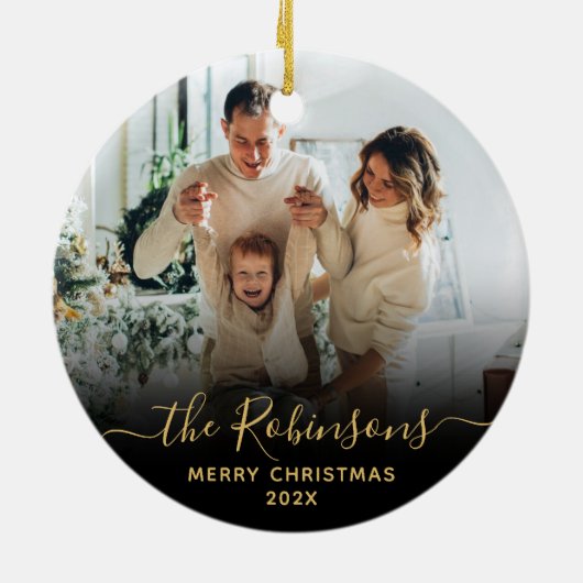 Modern Script Familienaam Foto Vrolijk Kerstfeest Keramisch Ornament (Achterkant)