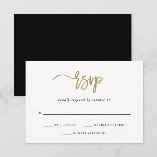 Modern script | Faux Gold Wedding Response RSVP Kaartje (Voorkant / Achterkant)