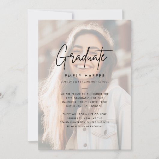 Modern Script Faux Vellum Overlay Photo Afstuderen Aankondiging (Voorkant)