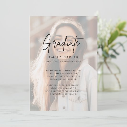 Modern Script Faux Vellum Overlay Photo Afstuderen Aankondiging (Staand voorkant)