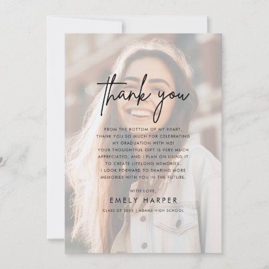 Modern Script Faux Vellum Overlay Photo Afstuderen Bedankkaart (Voorkant)