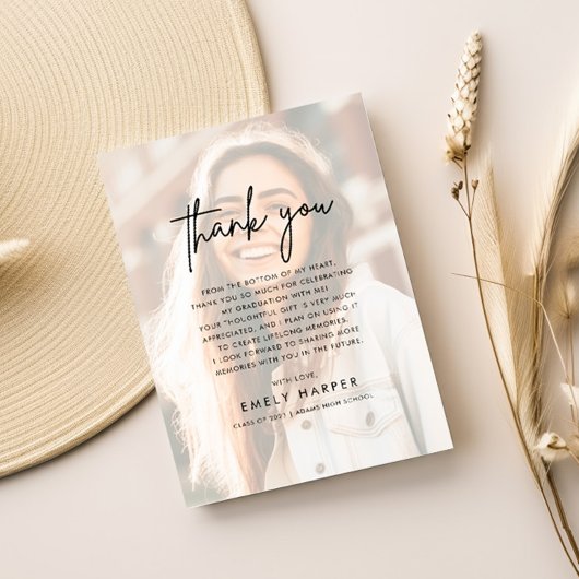 Modern Script Faux Vellum Overlay Photo Afstuderen Bedankkaart