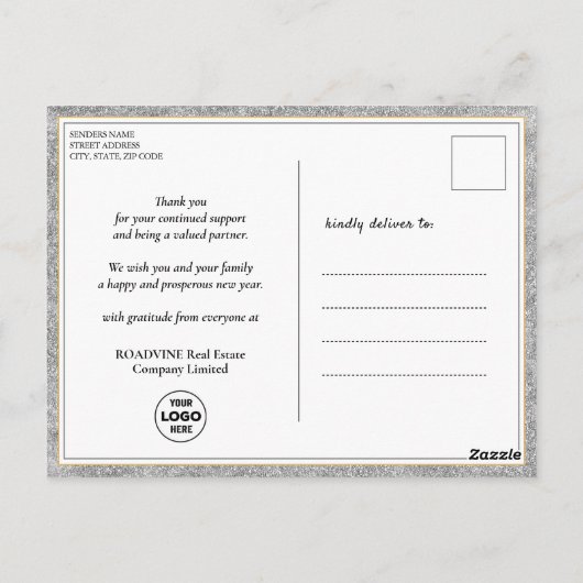 Modern script Festive Silver Glitter Corporate Briefkaart (Achterkant)