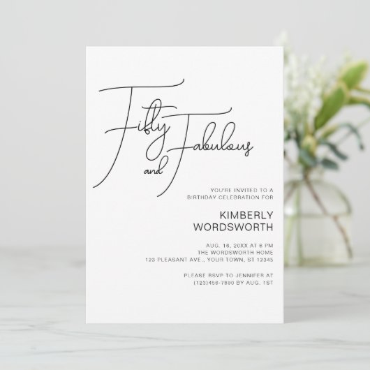 Modern Script Fifty and Fabulous 50th Birthday Kaart (Staand voorkant)