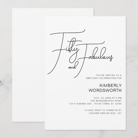 Modern Script Fifty and Fabulous 50th Birthday Kaart (Voorkant / Achterkant)