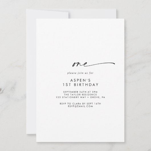 Modern Script First Birthday Party Invitation Kaart (Voorkant)
