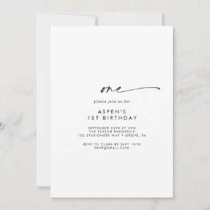 Modern Script First Birthday Party Invitation Kaart