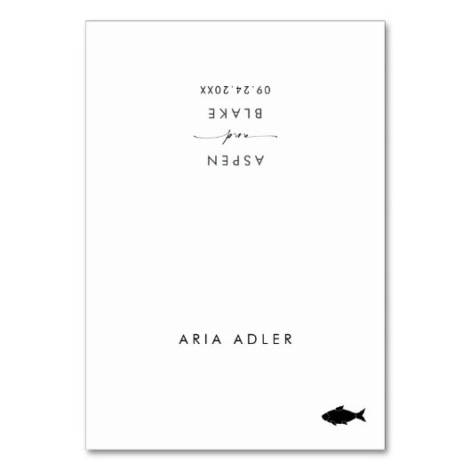 Modern Script Fish Menu Naam Trouwplaats Kaarten (Voorkant)