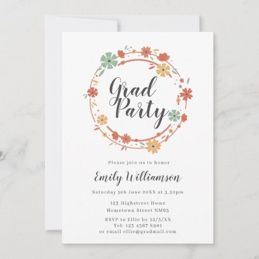 Modern Script Floral Graduation Party Kaart (Voorkant)