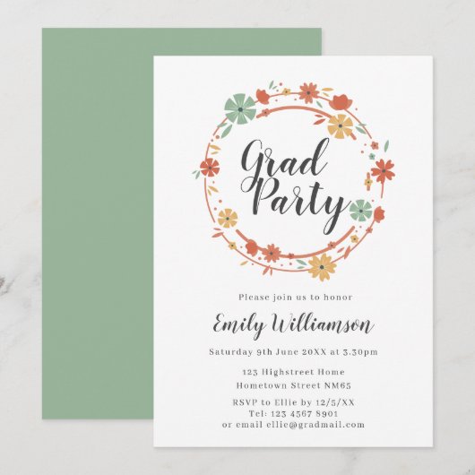 Modern Script Floral Graduation Party Kaart (Voorkant / Achterkant)
