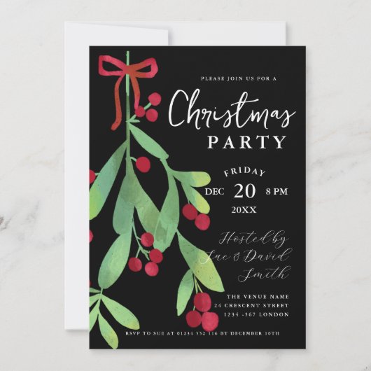 Modern Script Floral Mistletoe Xmas Vakantie Zwart Kaart (Voorkant)