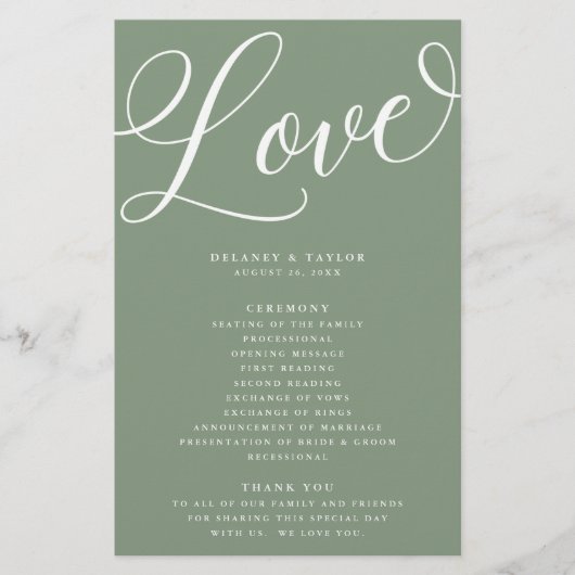 Modern Script Flourish, Sage Green Paper Program Flyer (Voorkant)