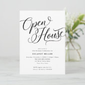 Modern Script Flourish, Zwart Open Huis Feest Kaart (Staand voorkant)