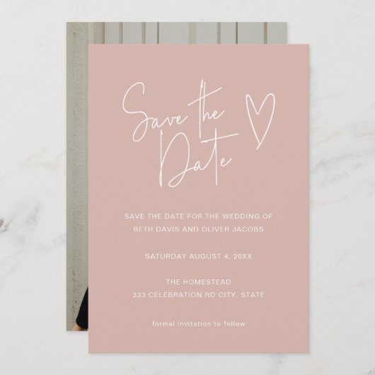 Modern Script Font Blush Pink Photo Bewaar de datu Save The Date (Voorkant / Achterkant)