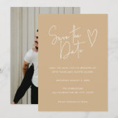 Modern Script Font Neutral Tan Photo Sla de datum  Save The Date (Voorkant / Achterkant)