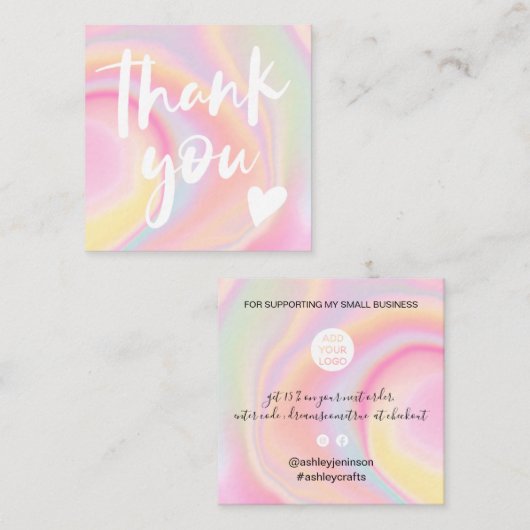 Modern script font rainbow marble pastel bedankt vierkante visitekaartje (Voorkant / Achterkant)