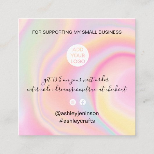 Modern script font rainbow marble pastel bedankt vierkante visitekaartje (Achterkant)