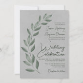 Modern Script Forest Green Leaves op Grey Wedding Kaart (Voorkant)