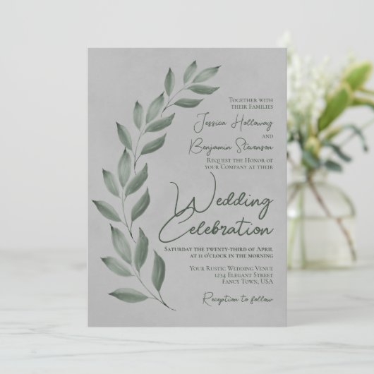 Modern Script Forest Green Leaves op Grey Wedding Kaart (Staand voorkant)