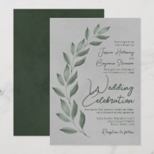 Modern Script Forest Green Leaves op Grey Wedding