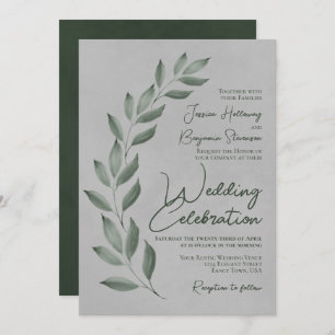 Modern Script Forest Green Leaves op Grey Wedding Kaart