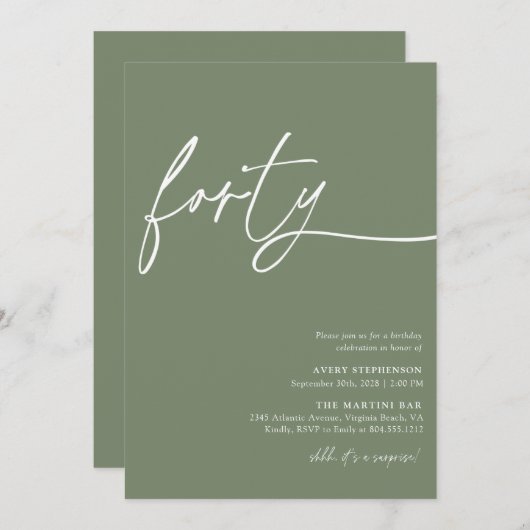 Modern Script Fortieth Verjaardagsfeestuitnodiging Kaart (Voorkant / Achterkant)