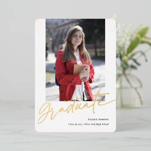 Modern script foto afstuderen aankondiging (Staand Voorkant)