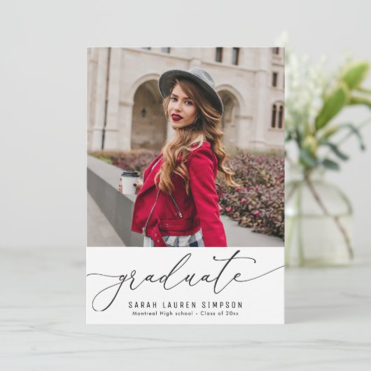 Modern script foto afstuderen aankondiging (Staand voorkant)